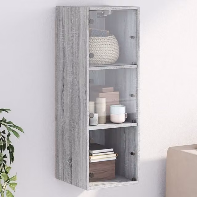 Berkfield Home Wall Cabinet with Glass Doors in Grey Sonoma, W/D/H: 35 x 37 x 100 cm
