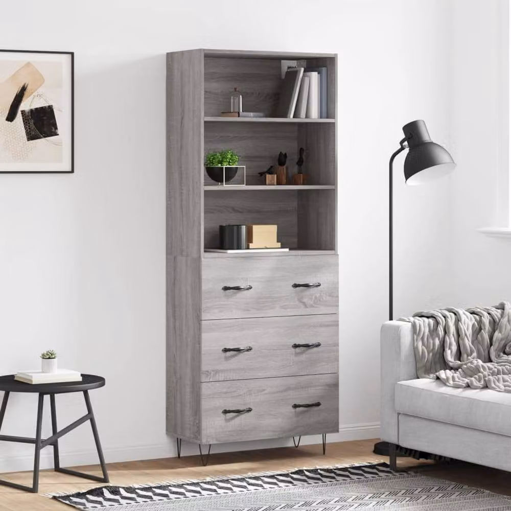 Berkfield Home Grey Sonoma Highboard with Doors and Open Shelves, W/D/H: 69.5 x 34 x 180 cm – 2