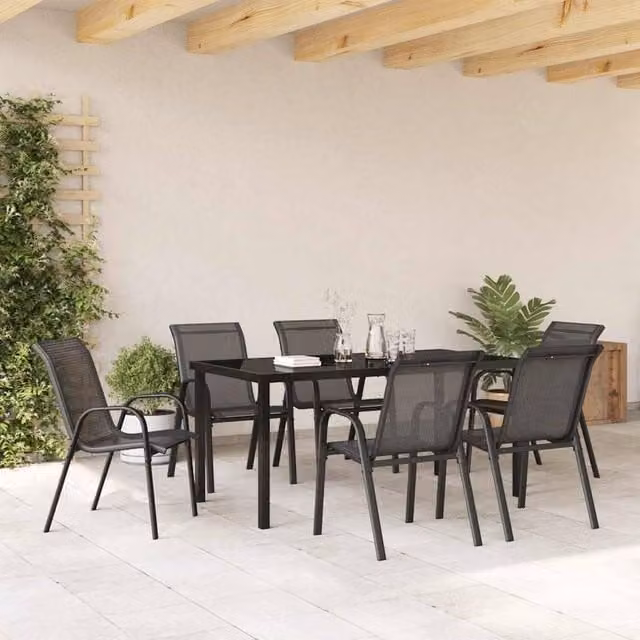 Berkfield Home Set of 6 Stackable Garden Chairs in Black Textilene Fabric and Steel, H 89 x W 55 x D 65 cm
