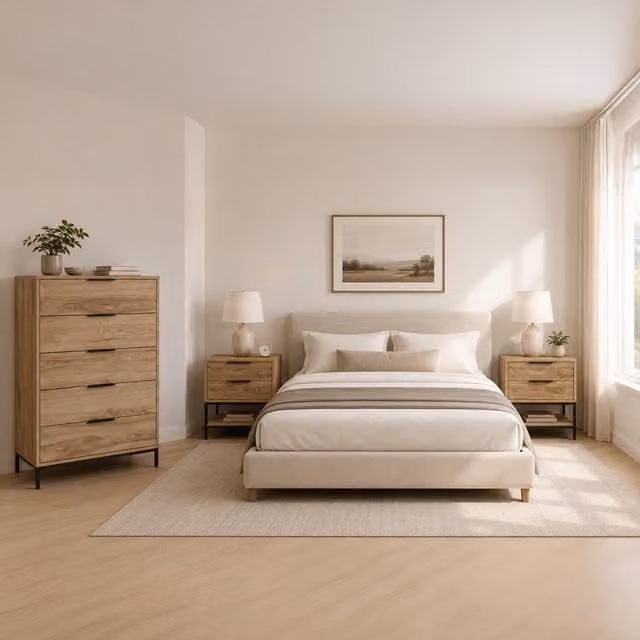 Decortie Mars 3 Piece Industrial Bedroom Furniture Set in Whiskey Oak with Chest of Drawers and Nightstand