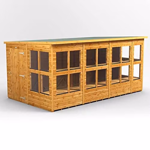 Powersheds Premium Pent Potting Greenhouse Wooden Shed in Brown with 12mm Extra Thick Timber and Toughened Glass