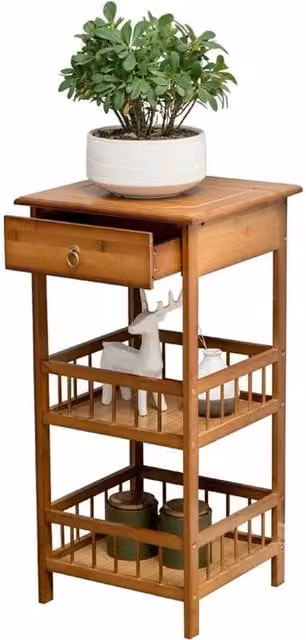 Kelvenix Brown Bamboo Plant Stand and Bedside End Table, W/D/H: 30 x 30 x 78 cm