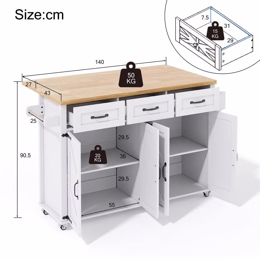 Merax White Mobile Kitchen Island Storage Trolley with Foldable Wood MDF Worktop, H 90.5 x W 140 x D 40 cm – 3