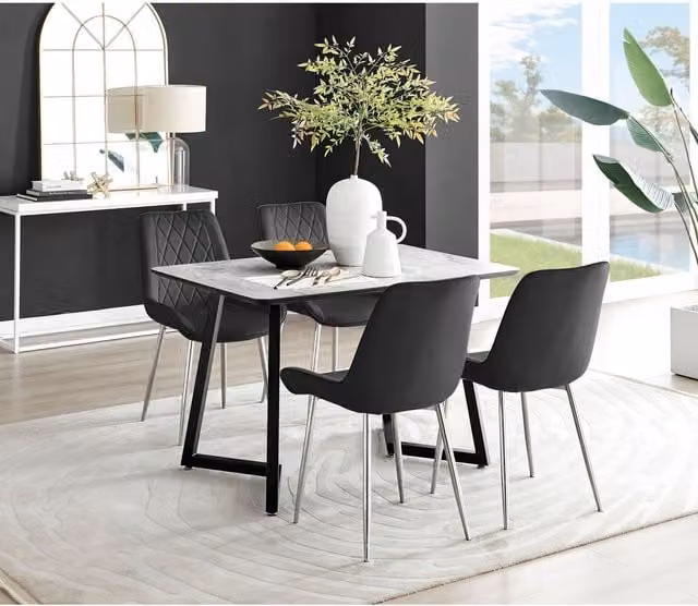 FurnitureboxUK Carson White Marble Effect Dining Table and 4 Pesaro Silver Chairs in Black