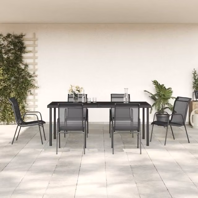 Berkfield Home 7 Piece Garden Dining Set in Black Steel and Textilene – 1
