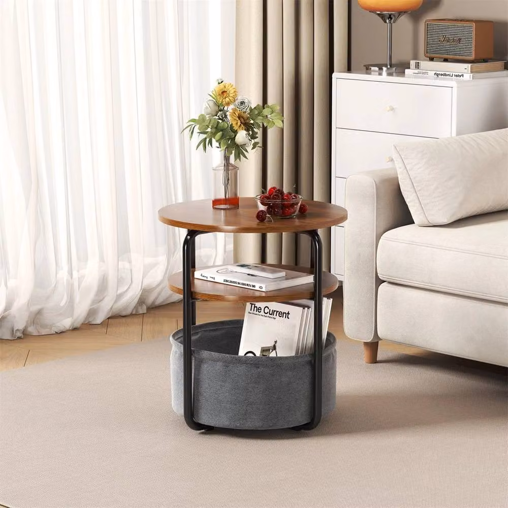 VOGREX 3-Tier Round Side Table with Removable Fabric Basket in Grey and Brown – 2