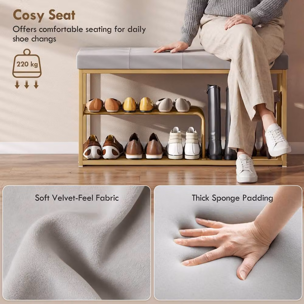 HOMCOM Grey Velvet Tufted Shoe Storage Bench with Seat Cushion – 3