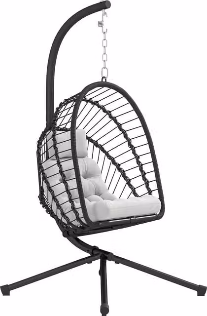 Outsunny Black PE Rattan Egg Swing Chair with Metal Stand, Cushions and Adjustable Headrest for Indoor and Outdoor Use