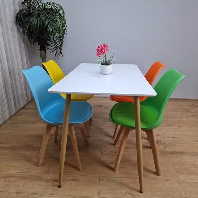 Kosy Koala Modern Rectangular White Wood Dining Table and Four Multicolour Plastic Chairs Set