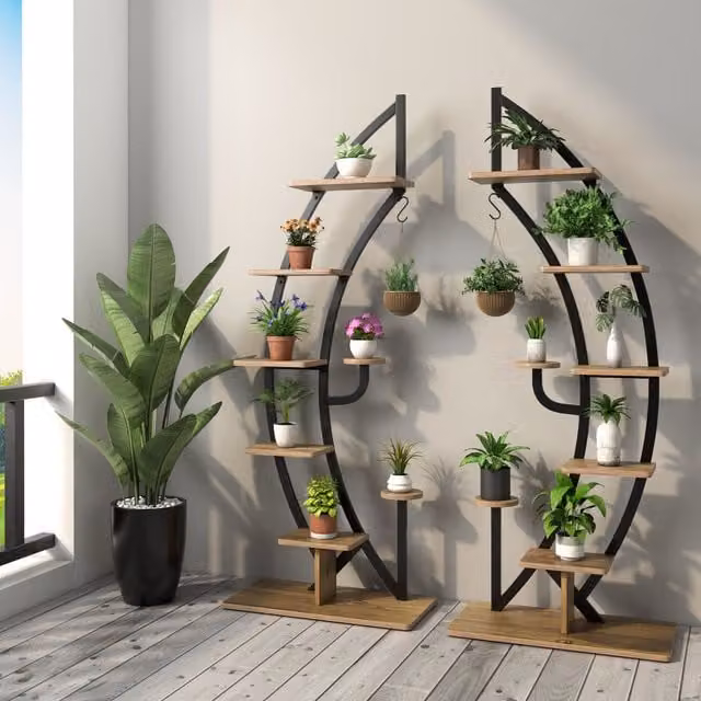 Costway Set of 2 Tall Wooden 8-Tier Plant Stand Racks in Natural Brown with Curved Half Moon Ladder Shelf Design