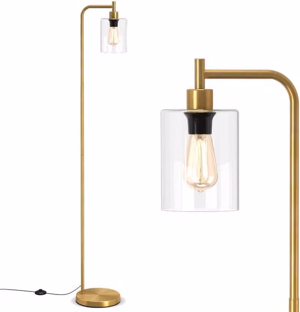 COSTWAY Industrial Glass Shade Floor Lamp in Gold and Transparent