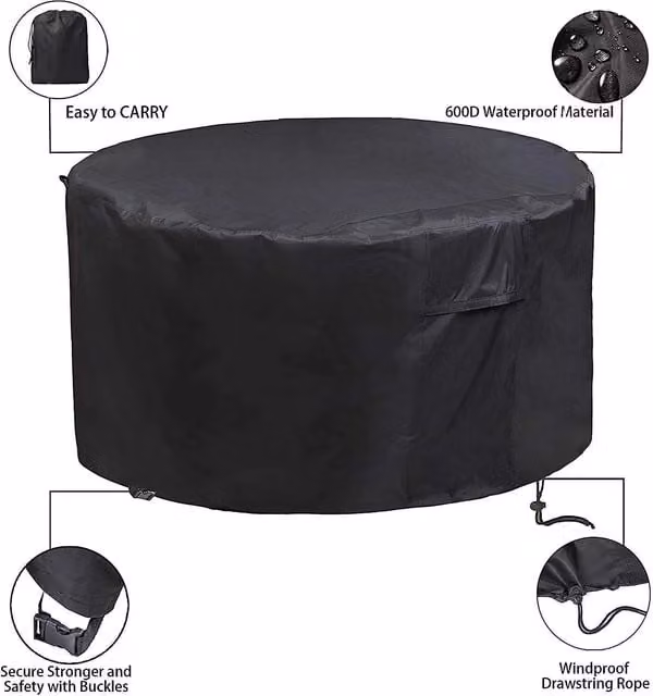 FURNITURE ONE Black Round Dining Set Patio Cover in Water Repellent 600D Oxford Fabric, W: 90 cm, H: 75 cm