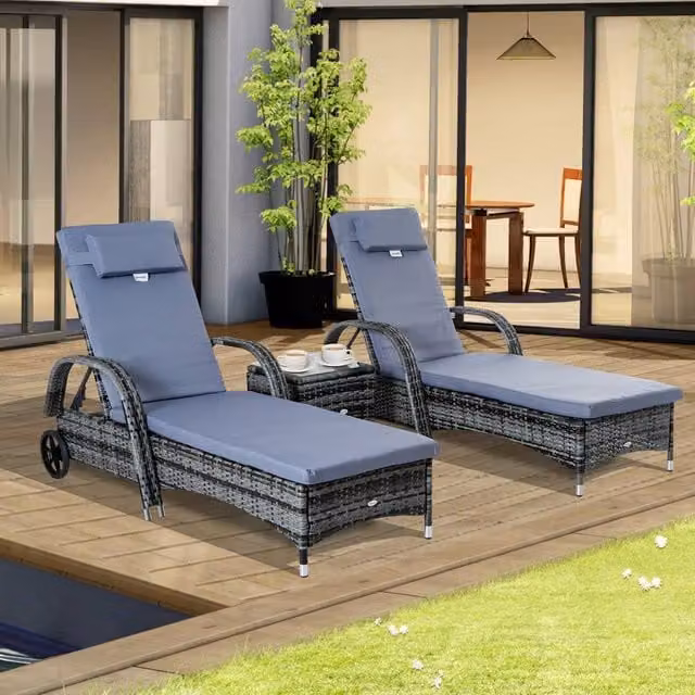 OUTSUNNY 3 Piece Grey Polyrattan Garden Furniture Set with Rattan Loungers and Side Table
