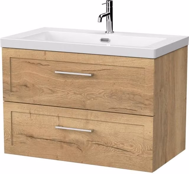 Balterley Stonnall Wall Mounted 2 Drawer Vanity Unit and 1TH Fireclay Basin in Autumn Oak Brown, Width: 80 cm – 1