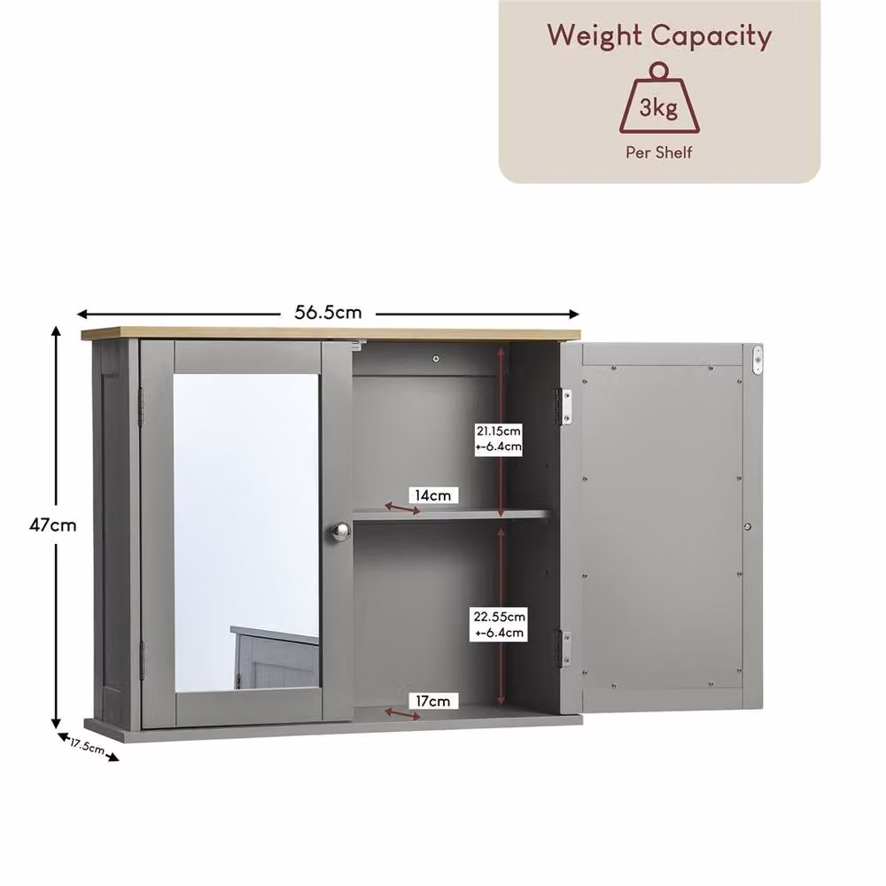 SPETLEK Grey Oak Mirrored Bathroom Wall Cabinet with 2 Hinged Doors – 2
