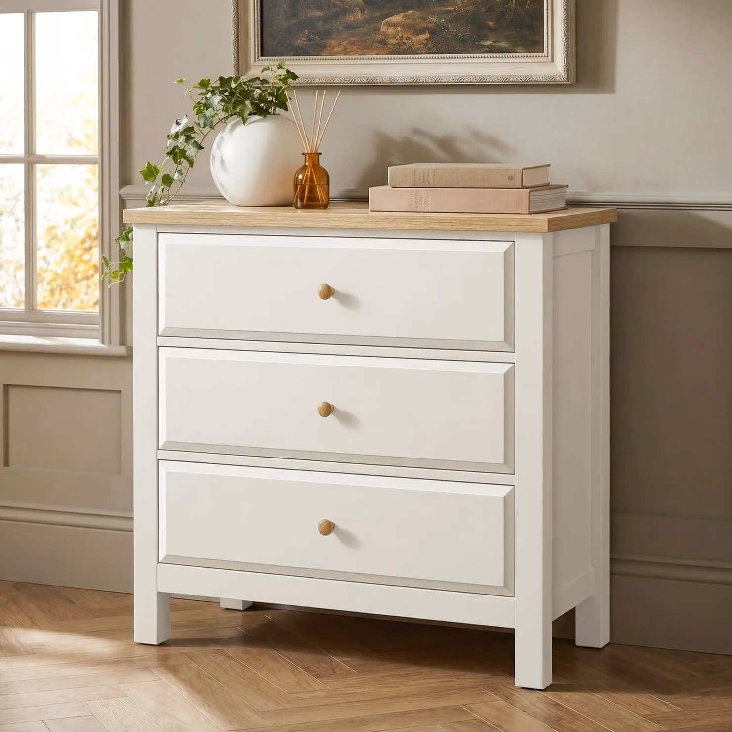 DHS Haven White Painted 3 Chest of Drawers with Oak Top W/D/H: 83 x 42 x 80 cm