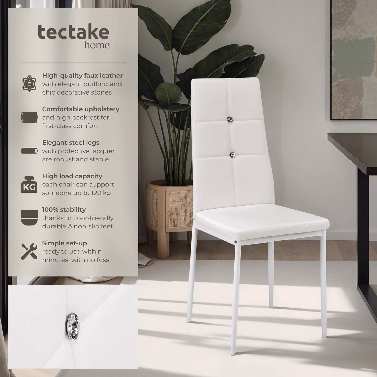 tectake Julien Set of 4 Modern Dining Chairs in White Synthetic Leather – 2
