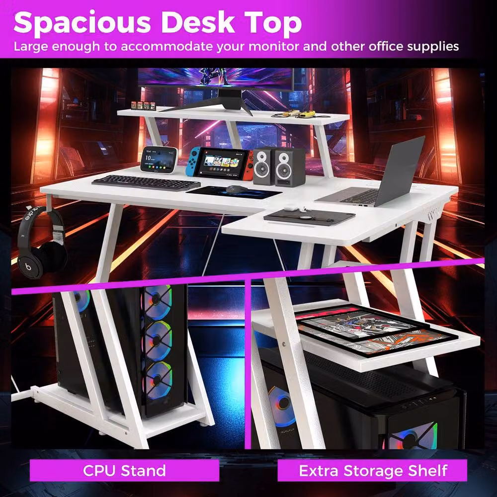 Gymax Corner Gamer Desk with Monitor Shelf and USB Ports, White – 5