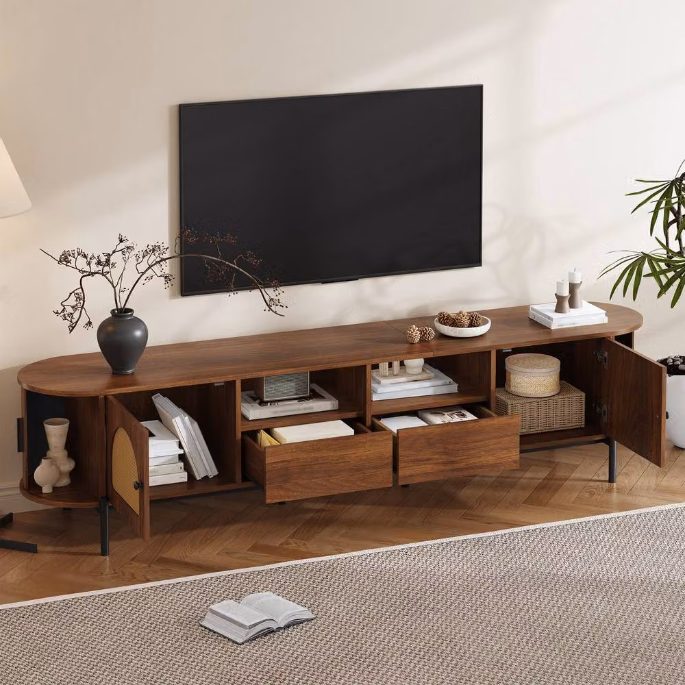 Merax Mid-Century Walnut Rattan TV Unit with Sliding Doors and Metal Legs, W: 200 cm, D: 40 cm, H: 50 cm – 2