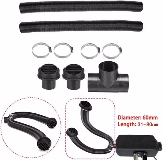 FLAVORA 60mm Diesel Heater Ducting T-Piece Air Outlet Vent Hose Clips Kit, Black