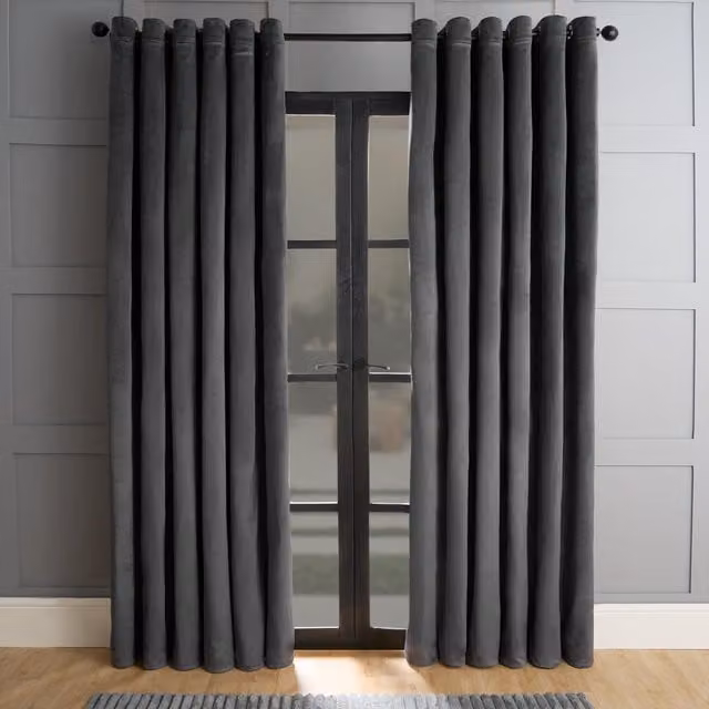 OHS Thermal Matte Velvet Eyelet Curtains, 2 Pairs, Charcoal Grey, Width: 117 cm, Drop: 183 cm
