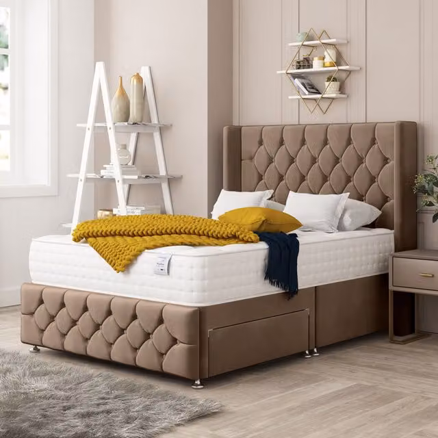 Bed Choices Elena Upholstered Velvet Divan Bed with 2 Drawers, Mattress and Headboard, Brown, W/D/H: 180 x 200 x 66.04 cm