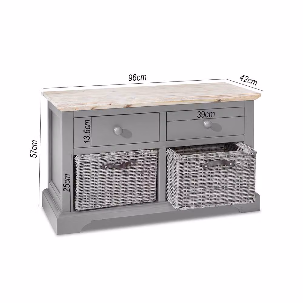 Statement Furniture Florence Storage Bench with 2 Drawers and 2 Baskets in Light Grey – 2