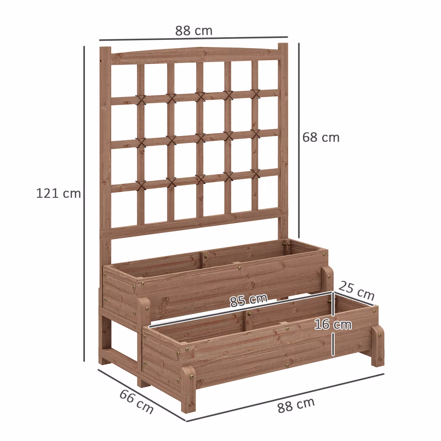 Outsunny 2-Tier Wooden Raised Garden Bed with Trellis and Drainage Holes, Brown, W/D/H: 121 x 66 x 88 cm – 3