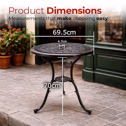 Centurion TABREEZ Cast Aluminium Round Garden Bistro Table in Black with Parasol Hole, Diameter: 69.5 cm – 8