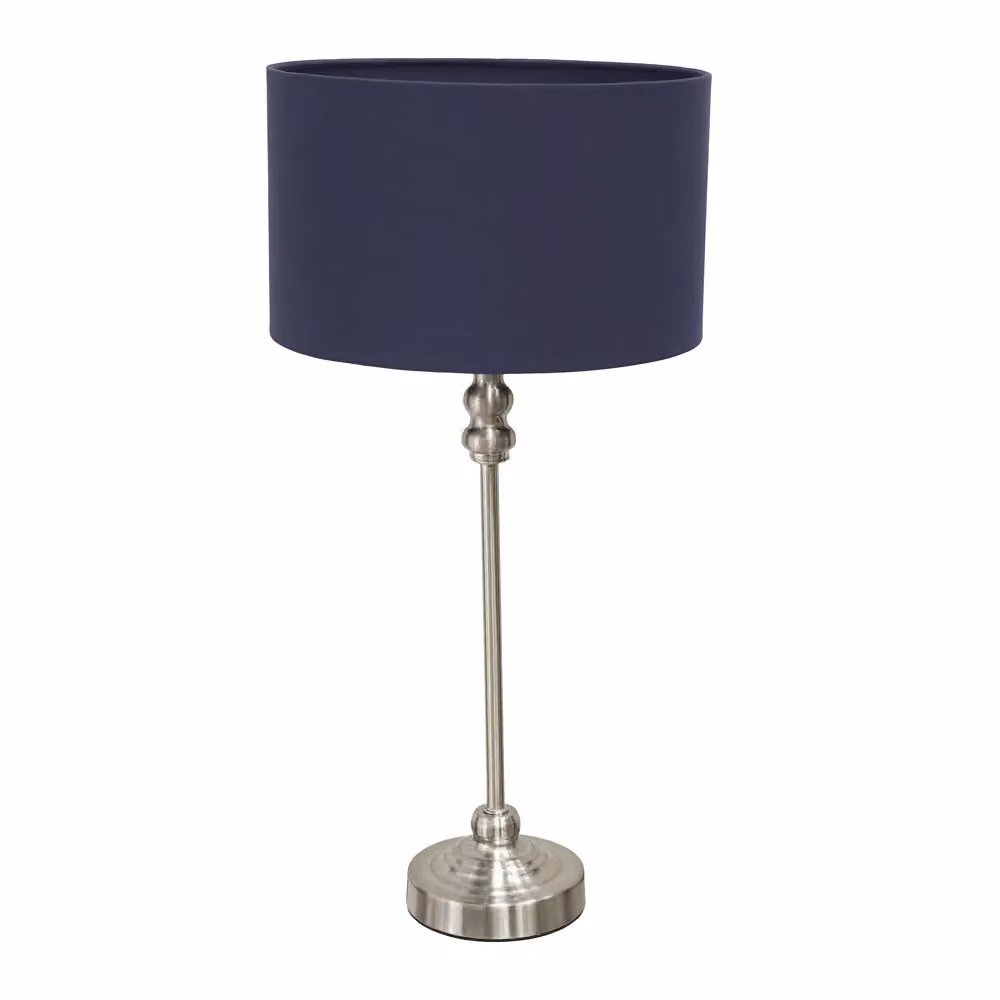 ValueLights Maggie Brushed Chrome Candlestick Table Lamp with Navy Blue Fabric Drum Shade and LED Bulb – 2