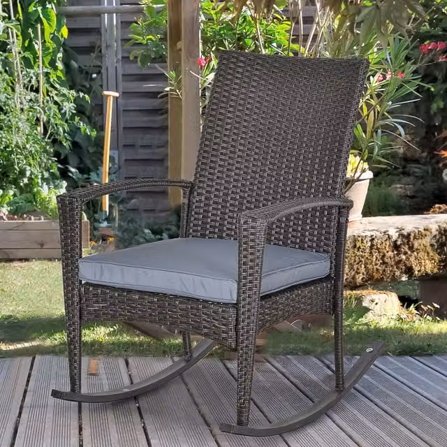 Outsunny Modern Grey Rattan and Metal Garden Rocking Chair