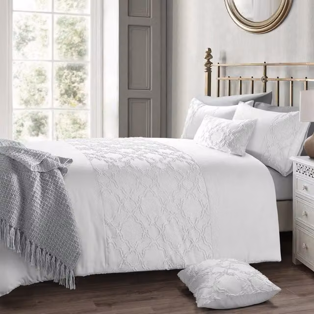 Velosso Shabby Chic Tuft Panel Duvet Set and Pillowcase in White, W: 180 cm, L: 200 cm