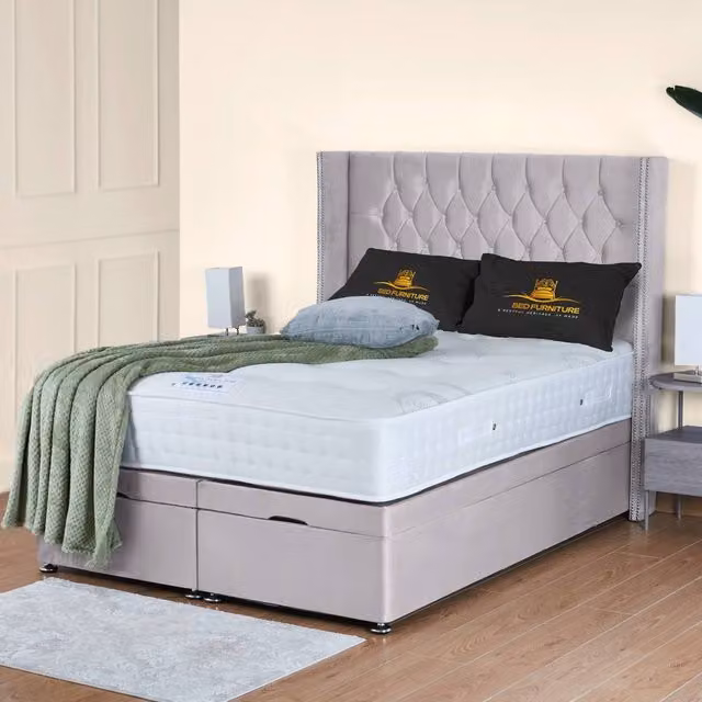 UK Bed Furniture Francesca End Lift Divan Ottoman Bed with 54 Inch Diamond Headboard in Silver, Size: 90 x 190 cm