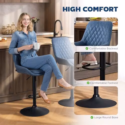HOMCOM Set of 2 Swivel Height Adjustable Bar Stools in Blue Synthetic Leather with Metal Base – 7