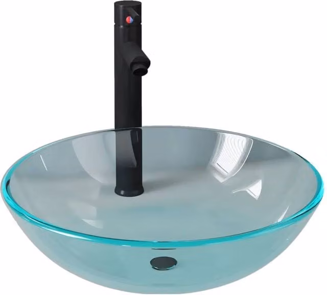 Berkfield Home Round Countertop Bathroom Sink with Tap and Push Drain in Black Transparent Tempered Glass