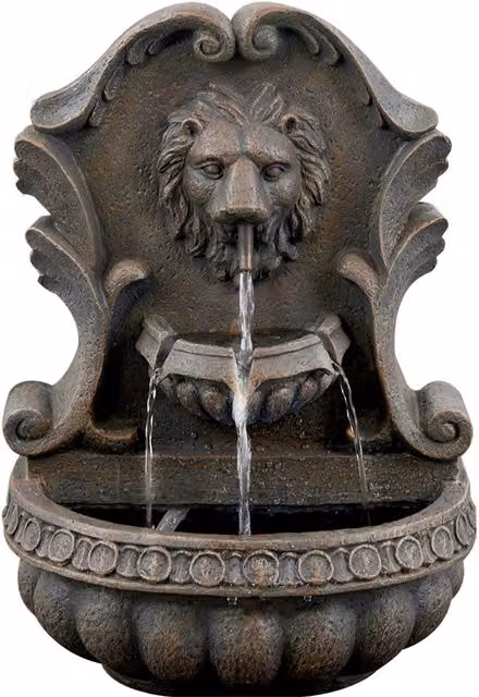 GEEZY Lion Head Cascade Water Feature with LED Lights in Brown and Grey Polyresin