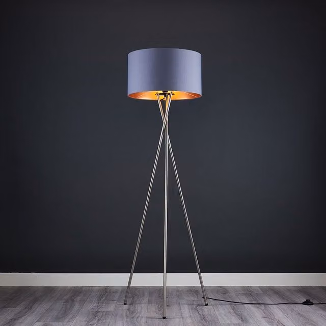 ValueLights Camden Modern Brushed Chrome Metal Tripod Floor Lamp with Grey and Copper Fabric Cylinder Shade