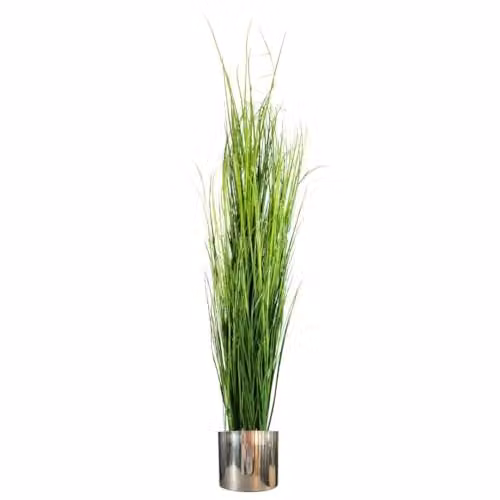 Leaf Design UK 130cm Artificial Green Onion Grass Plant with Silver Metal Tabletop Pot