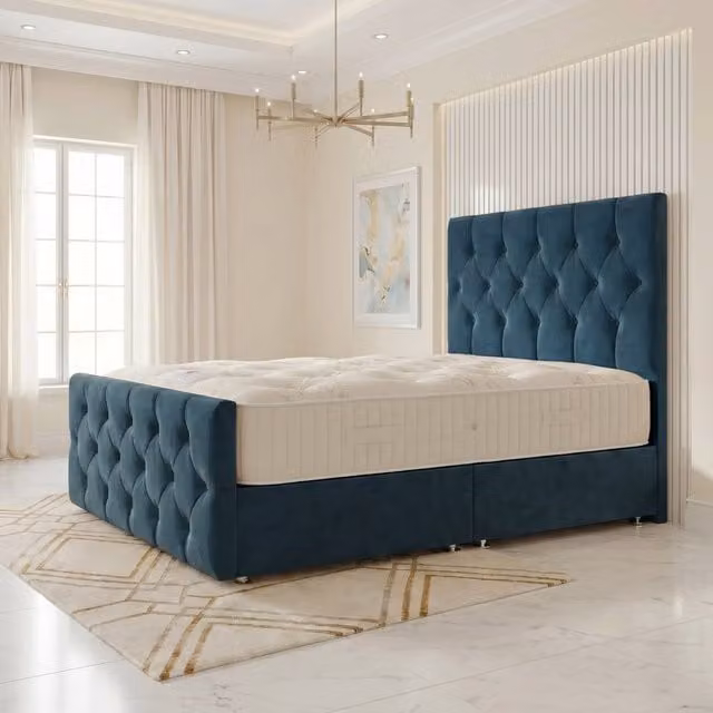 Somnior Ziggy Velvet Divan Bed in Blue, Small Double, W/D/H: 120 x 200 cm