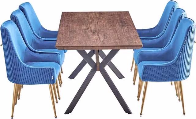 Life Interiors Soho Blaze LUX Dining Set with Rectangular Drop Leaf Table and 6 Chairs in Blue, Black and Gold