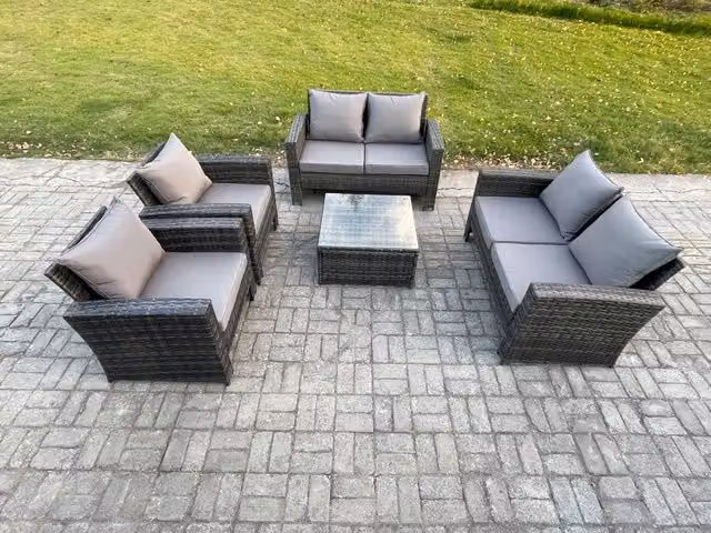Fimous 6 Seater Rattan Garden Furniture Set in Dark Grey with Upholstered Cushions and Square Coffee Table