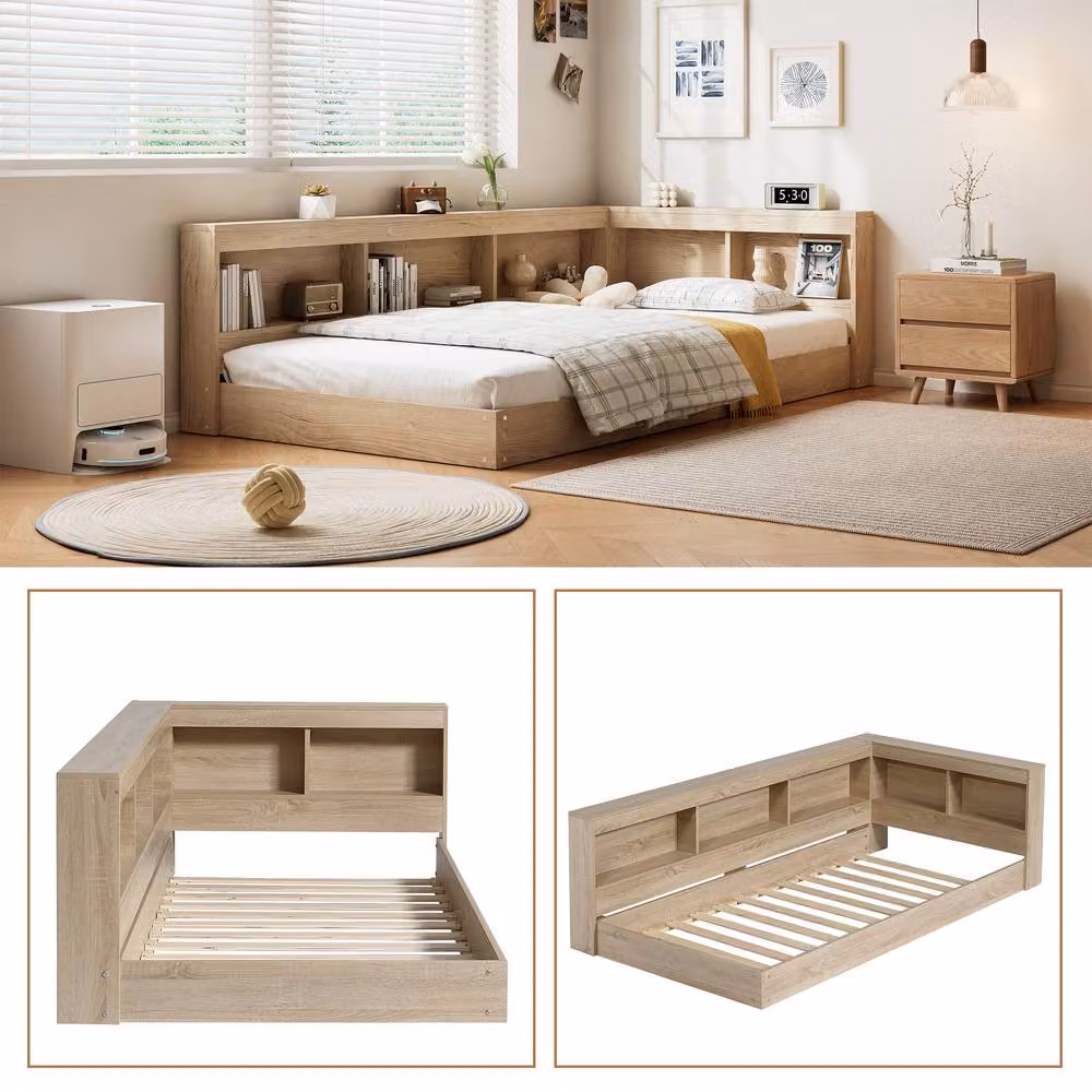 Rolipo Single Storage Bed with Side Shelves in Natural White Oak – 4