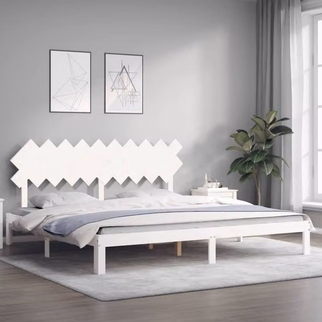 Berkfield Home Beautiful Solid Wood Bed Frame with Headboard in White, W/D/H: 200 x 200 x 80.5 cm