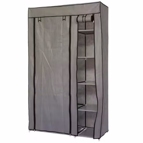 Gr8 Home Grey Fabric Canvas Bedroom Wardrobe with Hanging Rail and Shelving, H 175 x W 107 x D 45 cm