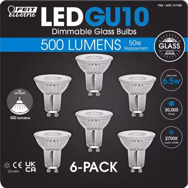 Feit Electric Company Pack of 6 Dimmable Warm White LED GU10 Glass Bulbs, White/Transparent
