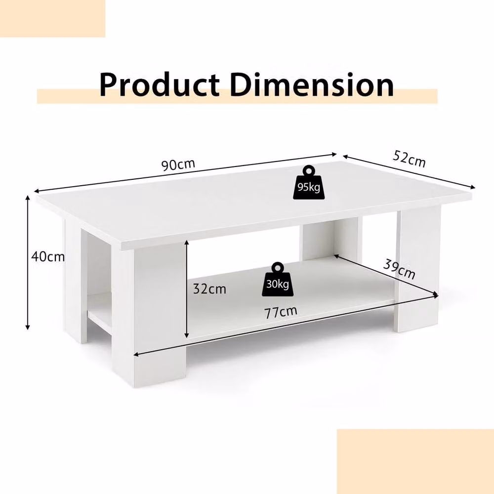 KORVIXA 2-Tier Modern Wooden Coffee Table with Storage Shelf in White, W x D: 100 x 100 cm – 2