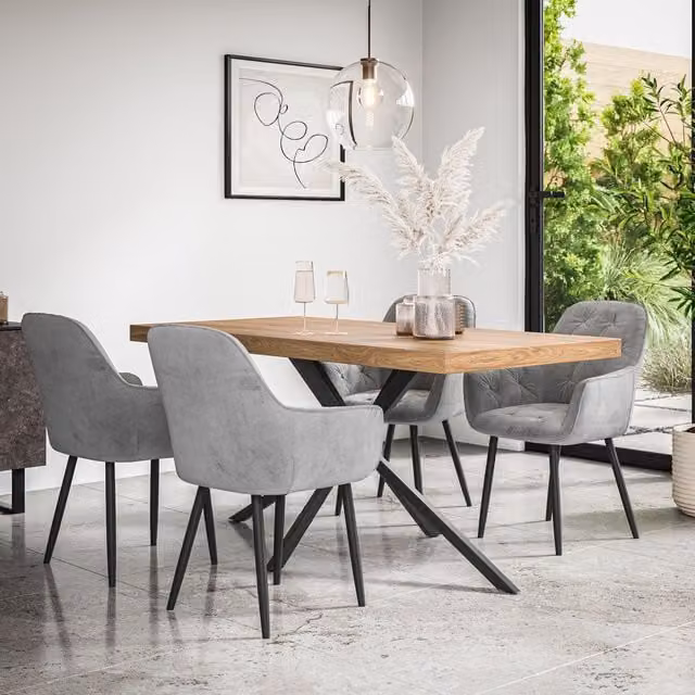 More4Homes Donni Dining Table and Anika Grey Velvet Chairs Set of 6, Oak Effect Top with Black Legs, W/D/H: 160 x 80 x 76 cm – 1