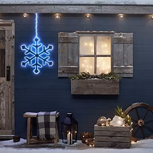 Lights4fun White LED Snowflake Silhouette Hanging Outdoor Christmas Decoration with Timer, 57cm – 2
