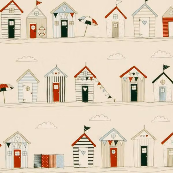 Terrys Beach Huts Cotton Fabric for Children in Blue, Red, White and Multicolour