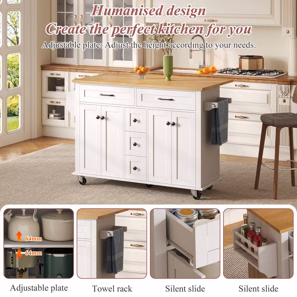 Merax Kitchen Island Trolley with Cabinet, Foldable Countertop and 5 Drawers, White, W/D/H: 120 x 40 x 89 cm – 4